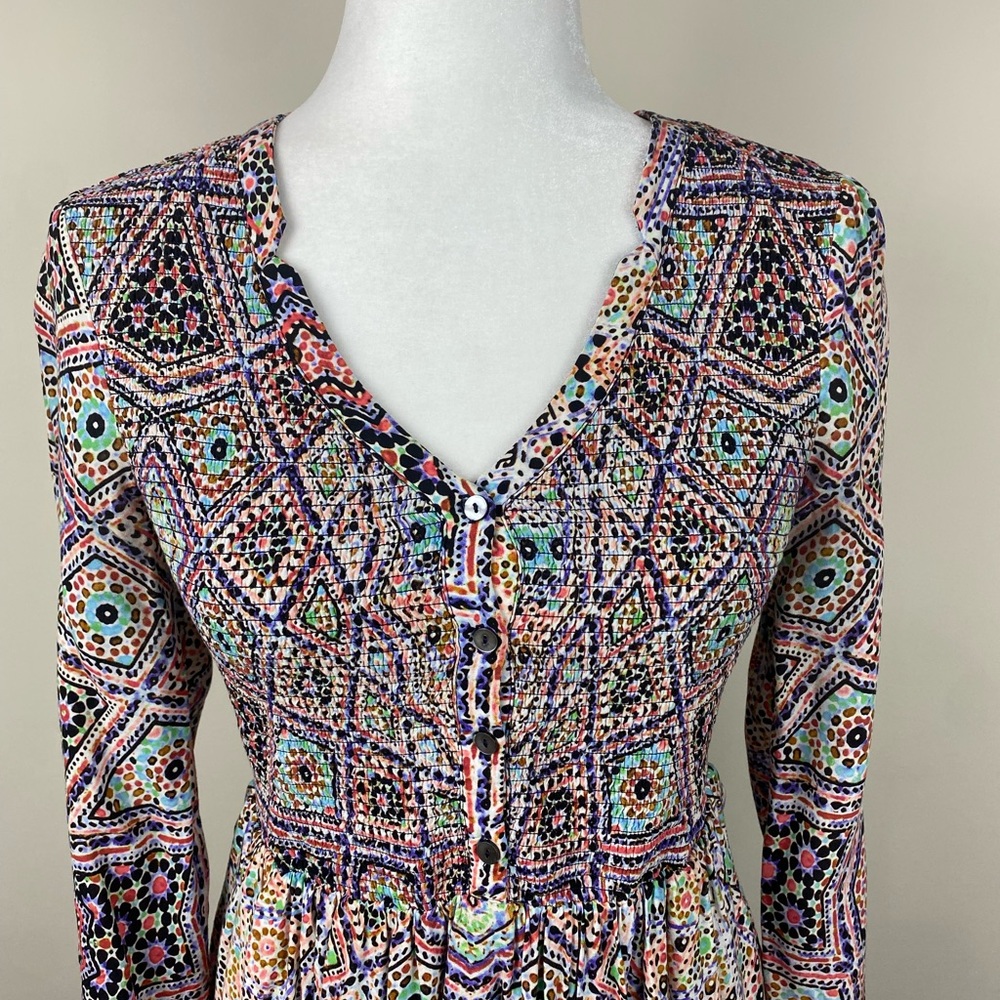 Anthropologie Maeve Long Sleeve Smocked Button Multi Color Print Dress Small - Picture 9 of 11